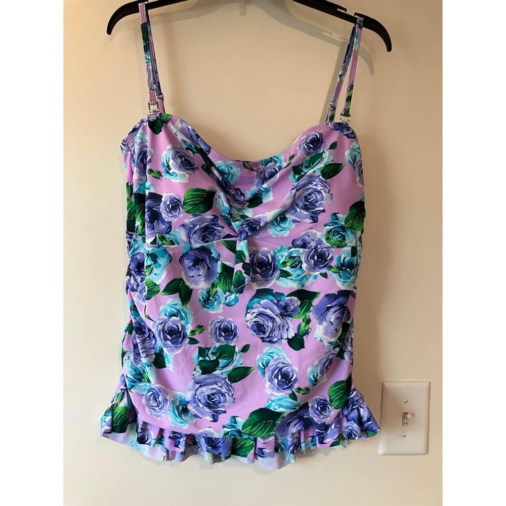 Marina West 2-piece tankini, pretty lilac with floral print, navy bottoms
